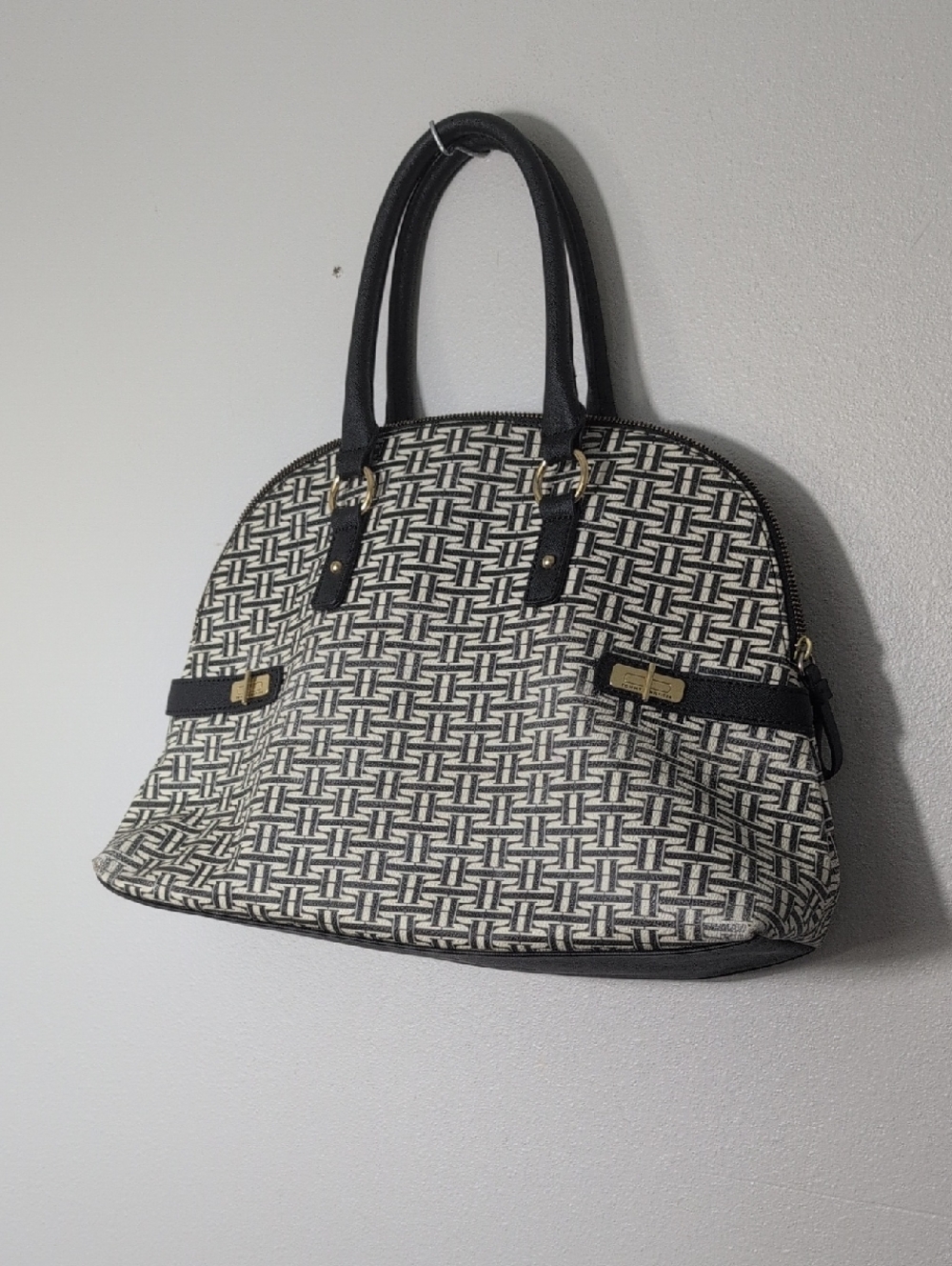 Woven Black and Cream Dome Tote Handbag